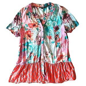 Small Tolani Collection Mixed Print Tunic Top Hidden Button Front Casual Modal